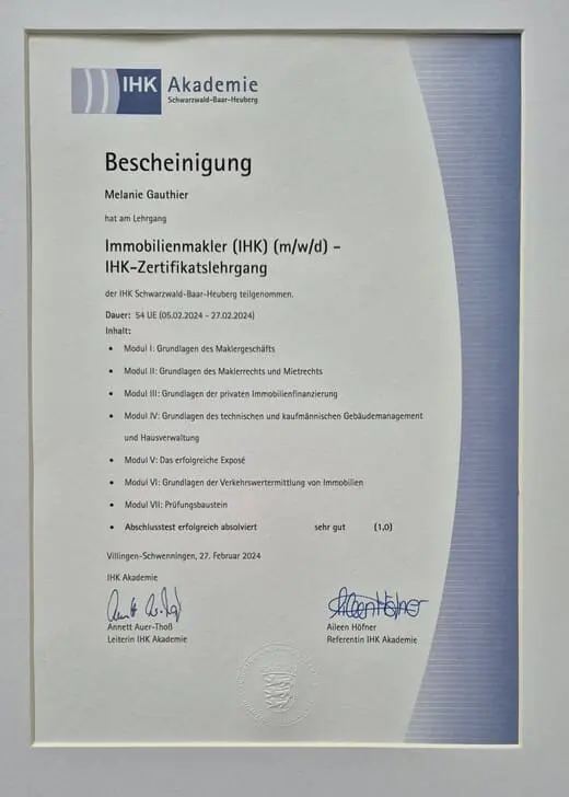 Bescheinigung IHK zur Maklerin in Freiburg